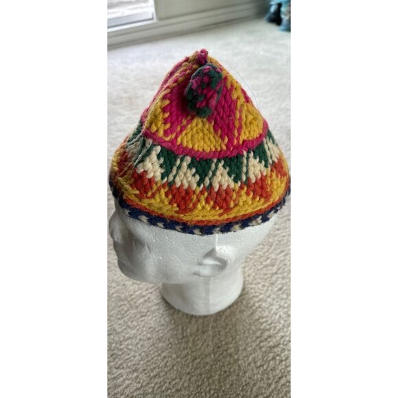 Vtg 1970\'s Wool Beanie Handmade Hat Hand Woven Multi Colored With Green & Pink main image 5
